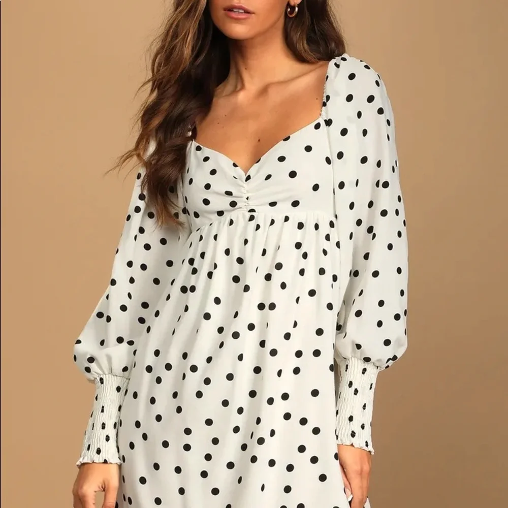 NWOT Lulus Meet Me At Our Spot White Polka Dot Long Sleeve Mini Dress Small - Picture 5 of 13
